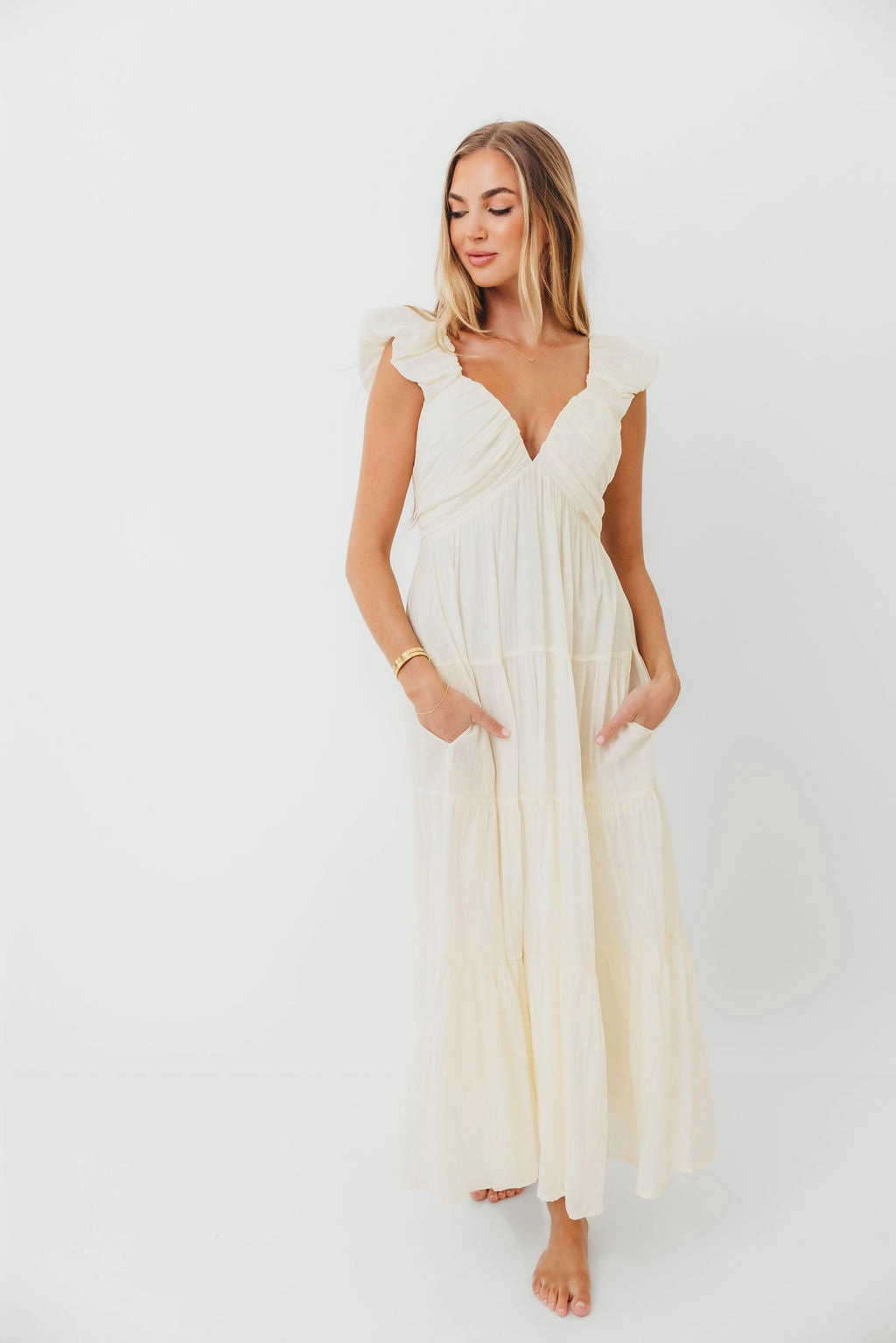 Polite Vibe Katy Pleated Bodice Maxi Dress in Cream - Bump Friendly - Restocking End of Oct