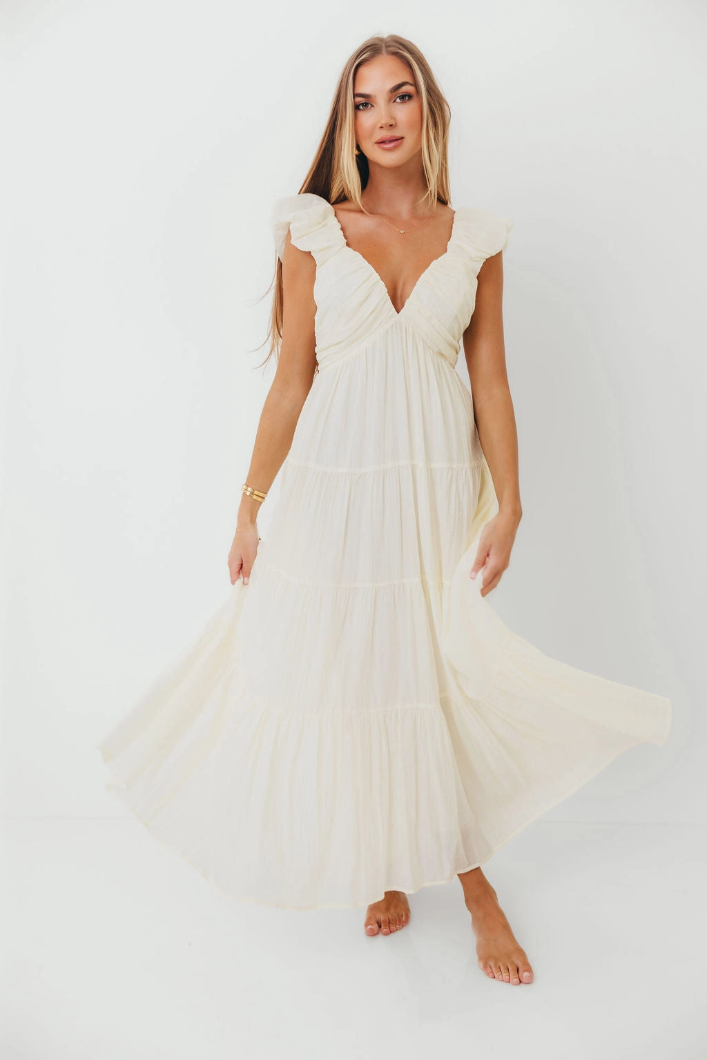 Japan Line Rhinestone-Detail Katy Pleated Bodice Maxi Dress in Cream - Bump Friendly - Restocking End of Oct