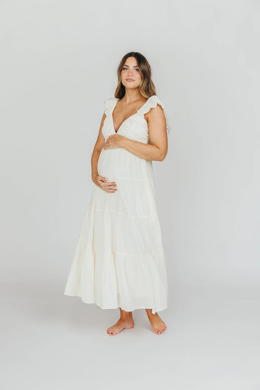 City Casual Katy Pleated Bodice Maxi Dress in Cream - Bump Friendly - Restocking End of Oct