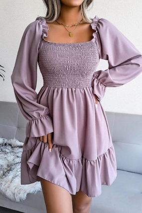 WOMEN SMOCKED FRILL SLEEVE LOOSE FIT RUFFLE DRESS Bright Feel