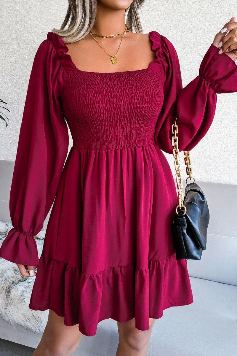 WOMEN SMOCKED FRILL SLEEVE LOOSE FIT RUFFLE DRESS Subtle Look Celebration Wear