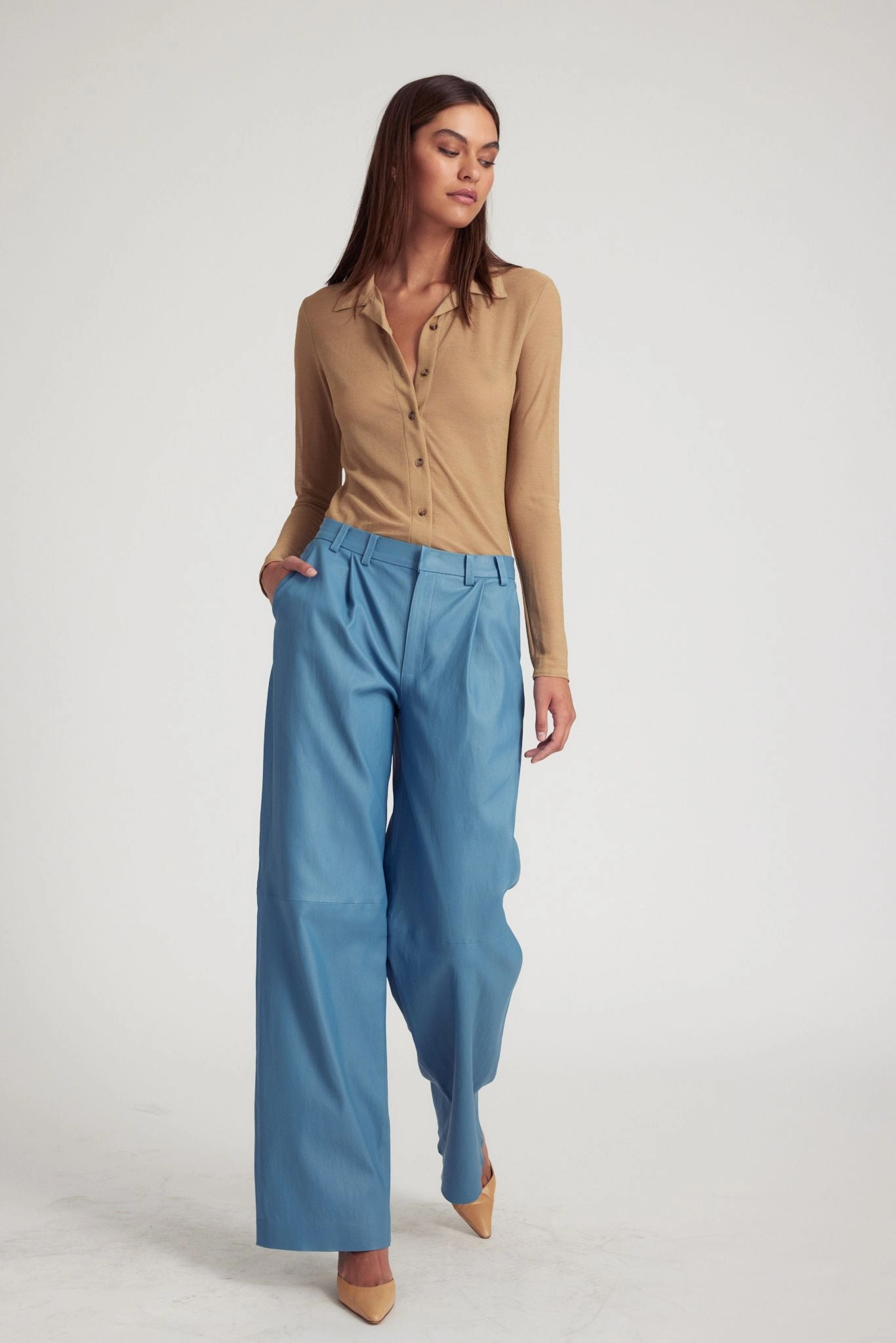 Breathable Performance Wear Practical Look Chambray Blue Leather Pleated Trousers