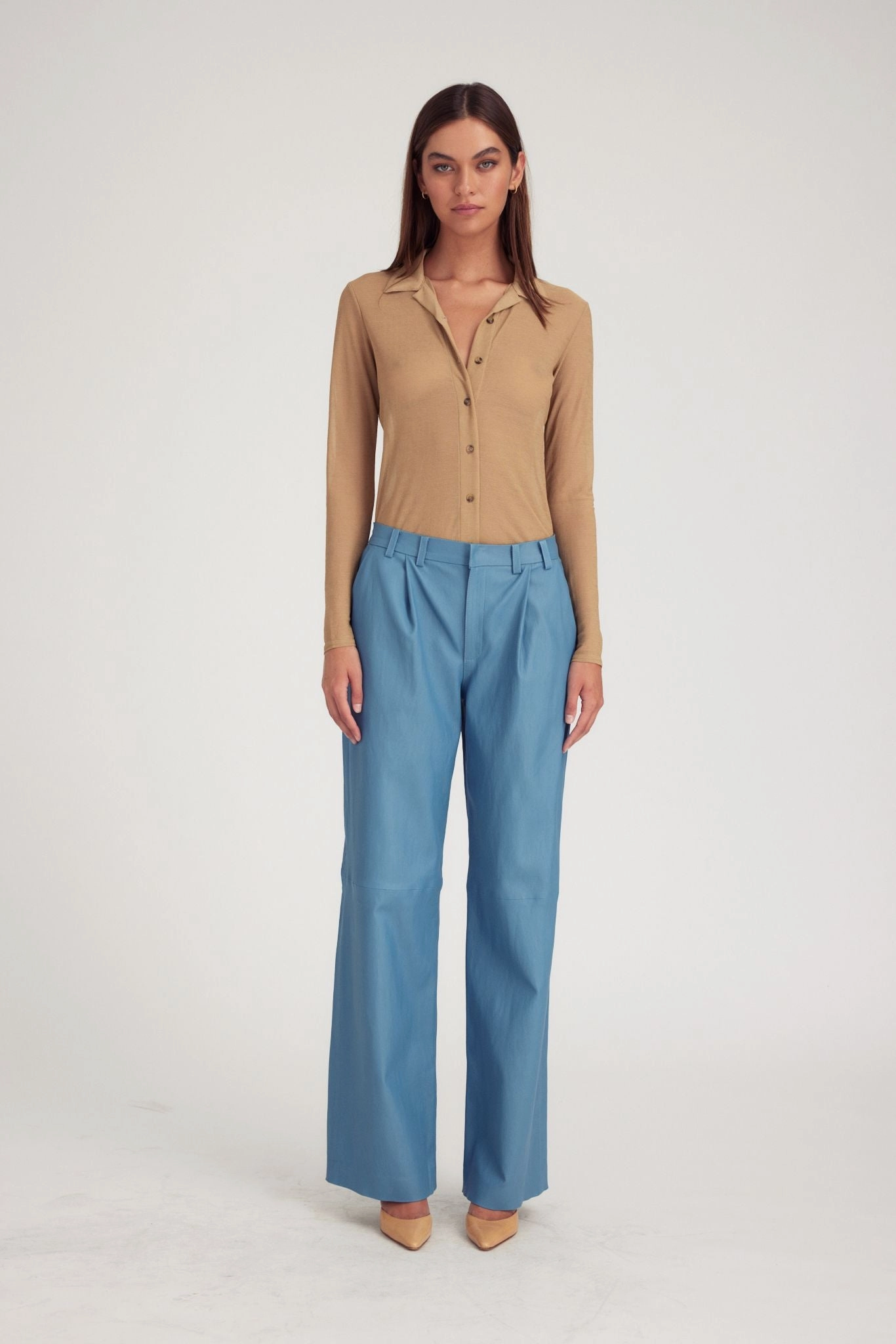 No Irritation Seams Utility Fit Chambray Blue Leather Pleated Trousers