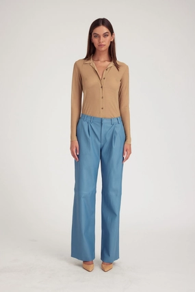 No Irritation Seams Utility Fit Chambray Blue Leather Pleated Trousers