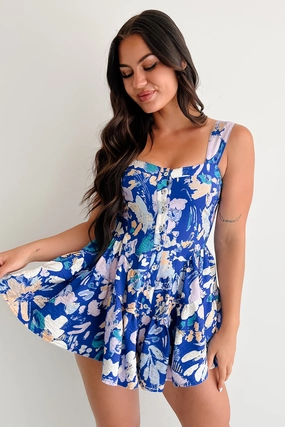 Pout About It Sleeveless Floral Romper (Retro Blue) Ultra Soft Blend