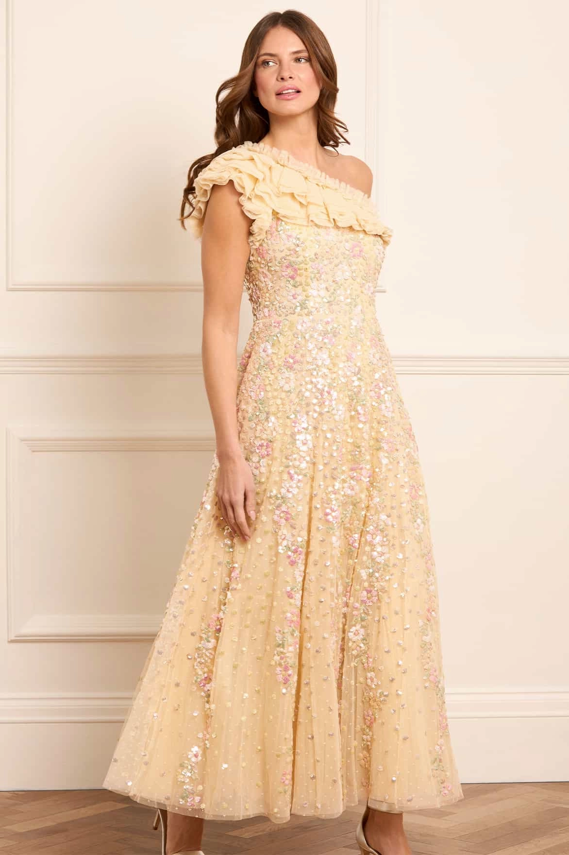 Confetti One-Shoulder Ankle Gown Blush Glow