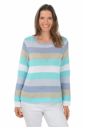 Seaside Stripe Long Sleeve Sweater SlubTexture Chic Cardigan