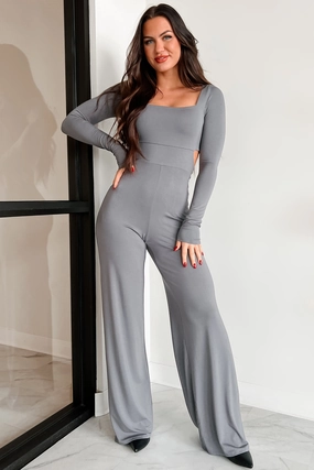 Ultrasoft Inner Lining Snag Proof Weave Kaylen Long Sleeve Square Neck Jumpsuit (Grey)