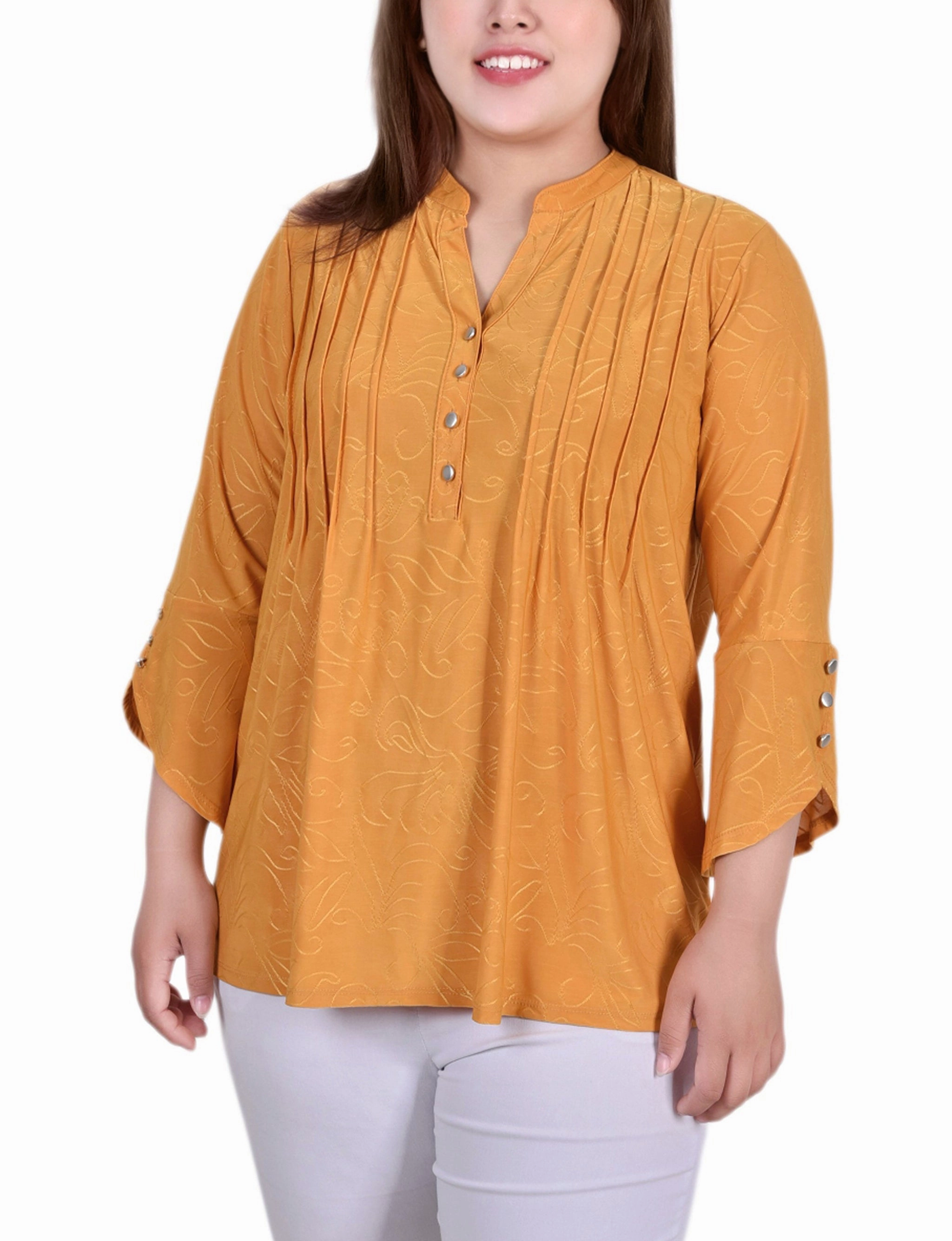 Plus Size 3/4 Sleeve Overlapped Bell Sleeve Y Neck Top Four Way Stretch UV Protective Coating