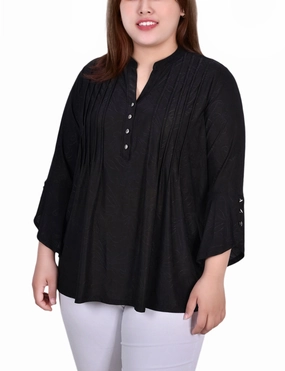 Plus Size 3/4 Sleeve Overlapped Bell Sleeve Y Neck Top Ultra Soft Handfeel Quick Release Fasteners
