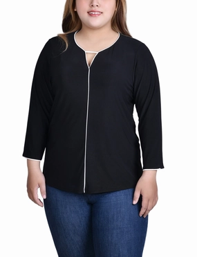 Layered Ply Construction ElasticEdgeBinding Plus Size 3/4 Sleeve Piped Top