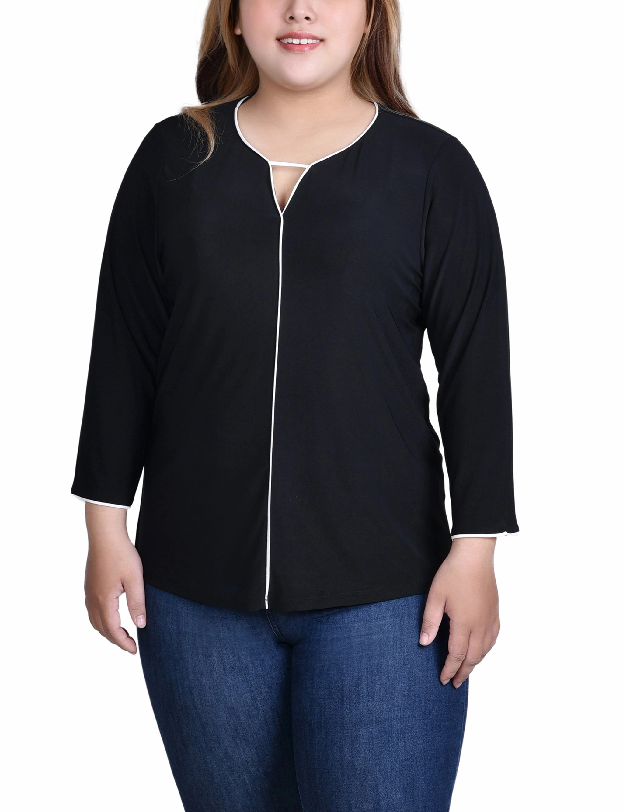 Bonded Hemline Plus Size 3/4 Sleeve Piped Top