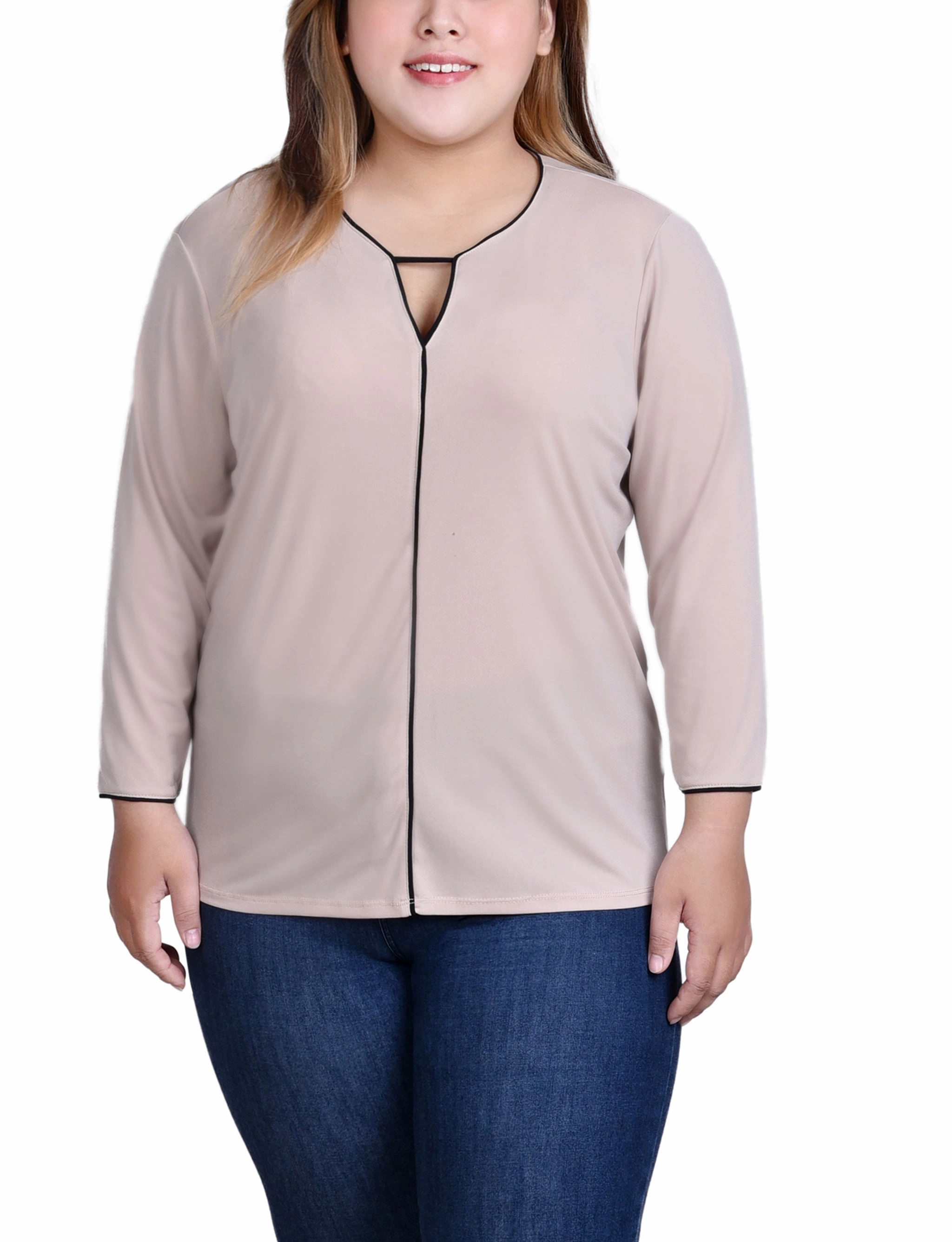 Plus Size 3/4 Sleeve Piped Top Layered Collar Structure LatticeKnit