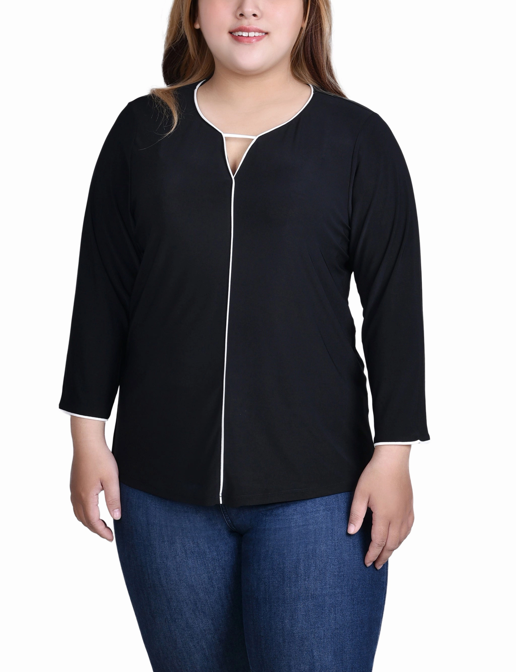 Layered Ply Construction ElasticEdgeBinding Plus Size 3/4 Sleeve Piped Top