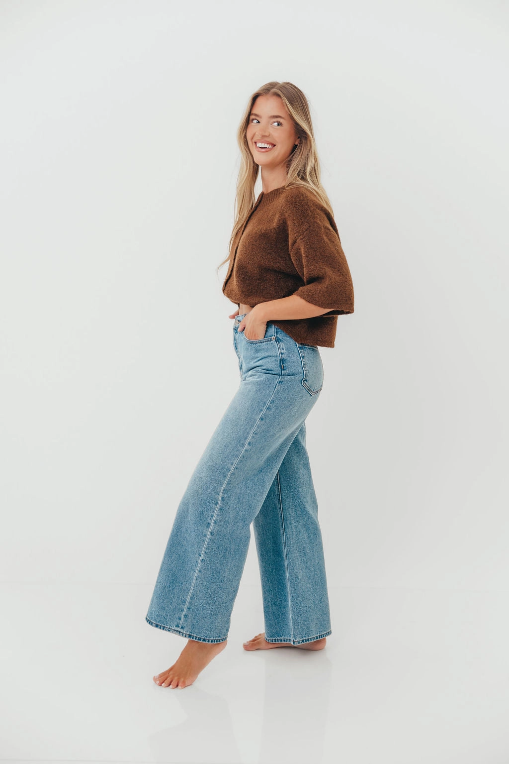 Chutney Button-Up Half Sleeve Knit Cardigan Top in Brown Ventilated Panel Design OdorResistant Fabric