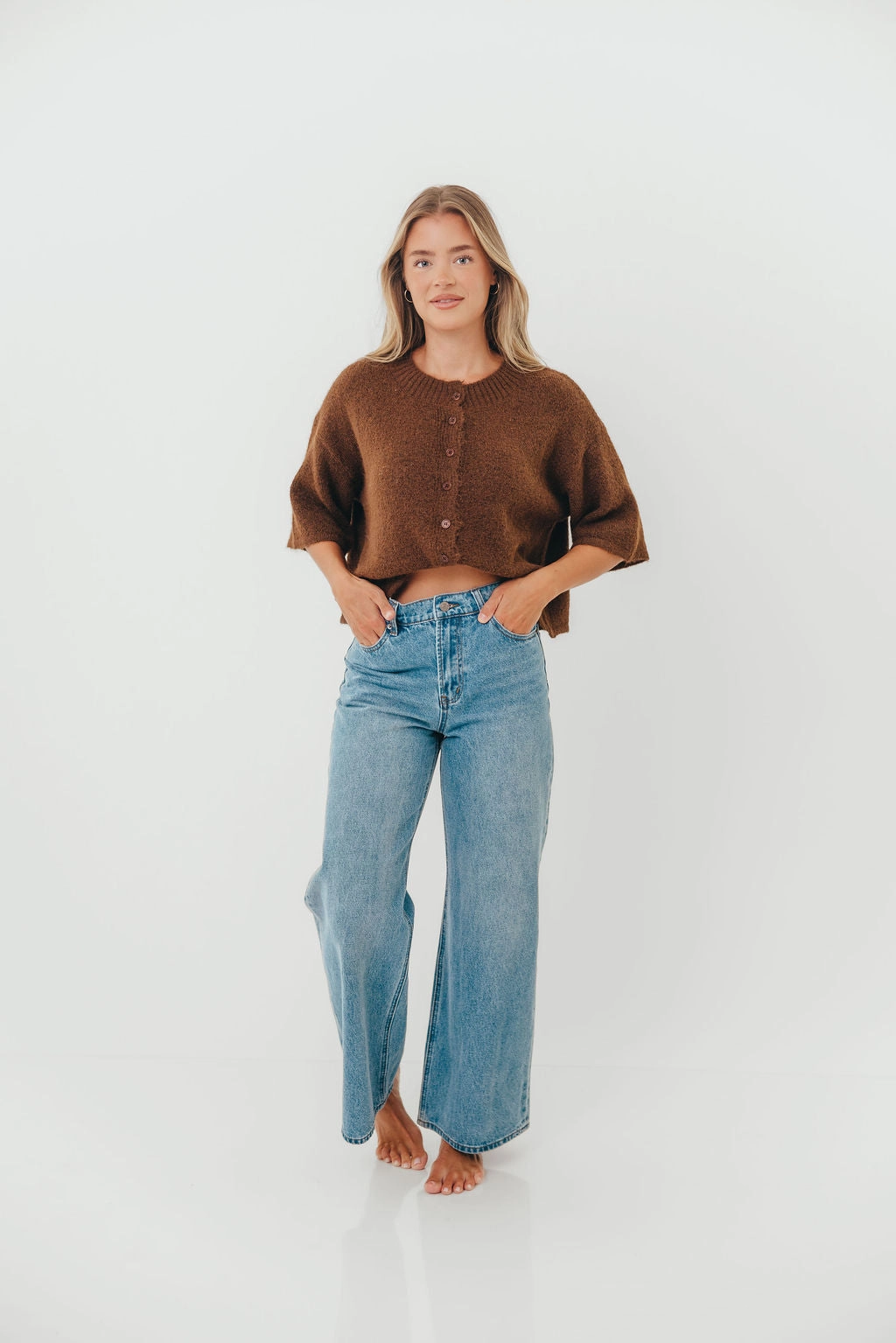 Ultra Soft Texture BoxySilhouette Chutney Button-Up Half Sleeve Knit Cardigan Top in Brown