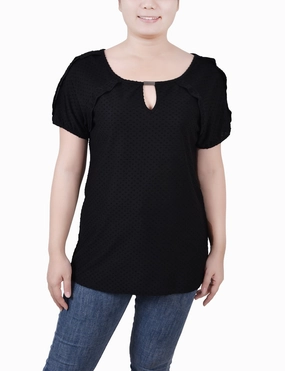 LayeredNeckline Petite Short Sleeve Swiss Dot Top