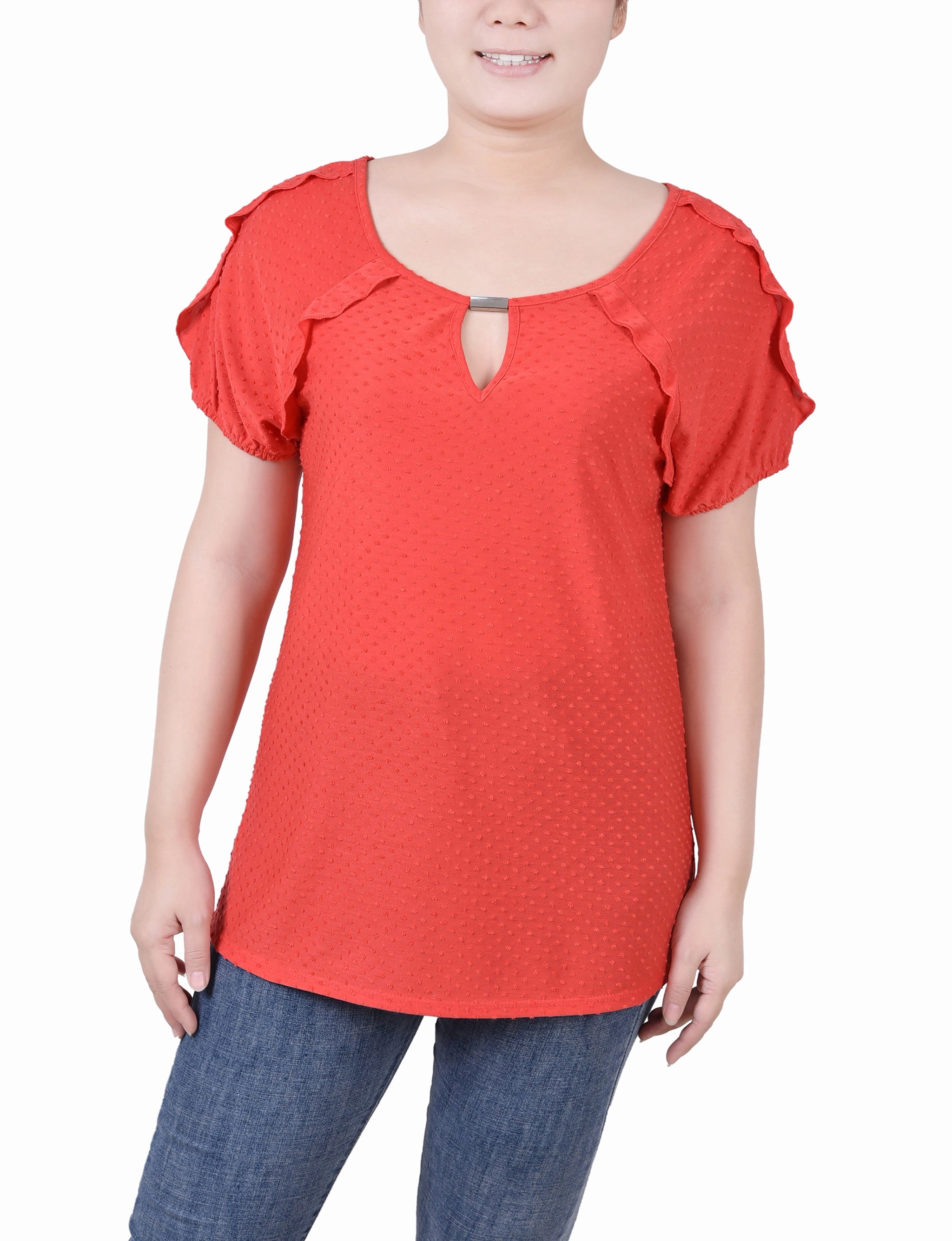 Petite Short Sleeve Swiss Dot Top AdjustableCuffSystem