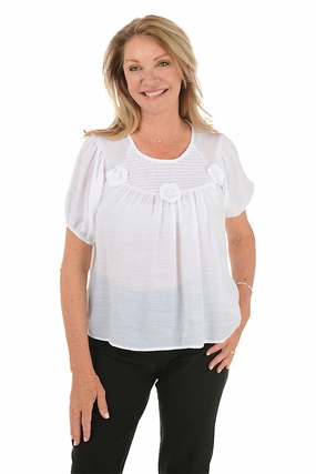 All Day Comfort FrictionReducing Floral Applique Smocked Yoke Blouse