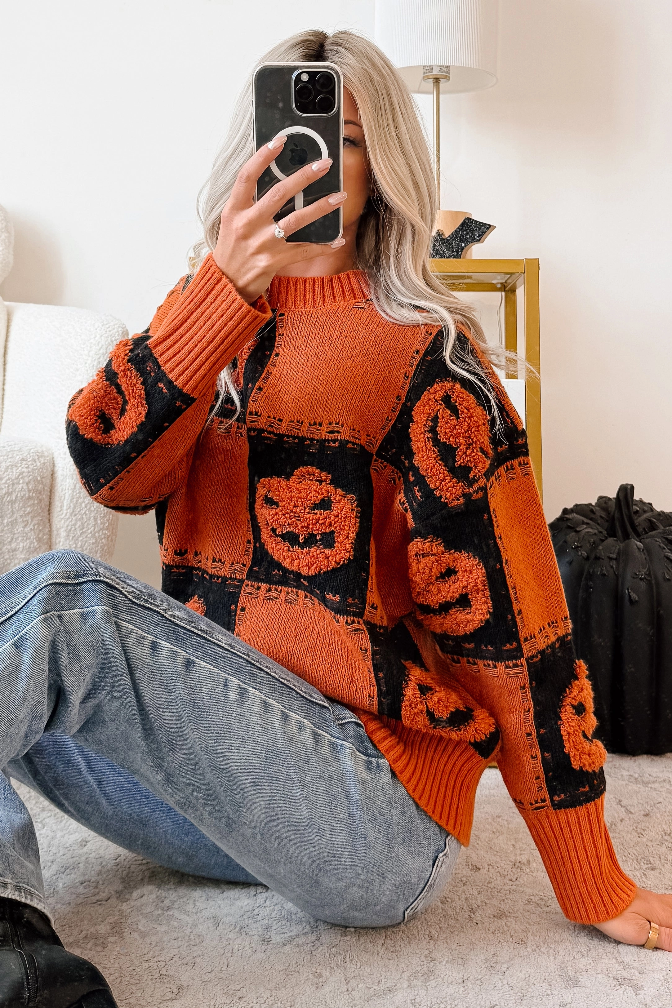 MeshPanel 3D Spacer Fabric Halloween Feels Pumpkin Knit Sweater (Orange/Black)