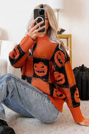 Halloween Feels Pumpkin Knit Sweater (Orange/Black) BoxyCrop PolyesterBlend