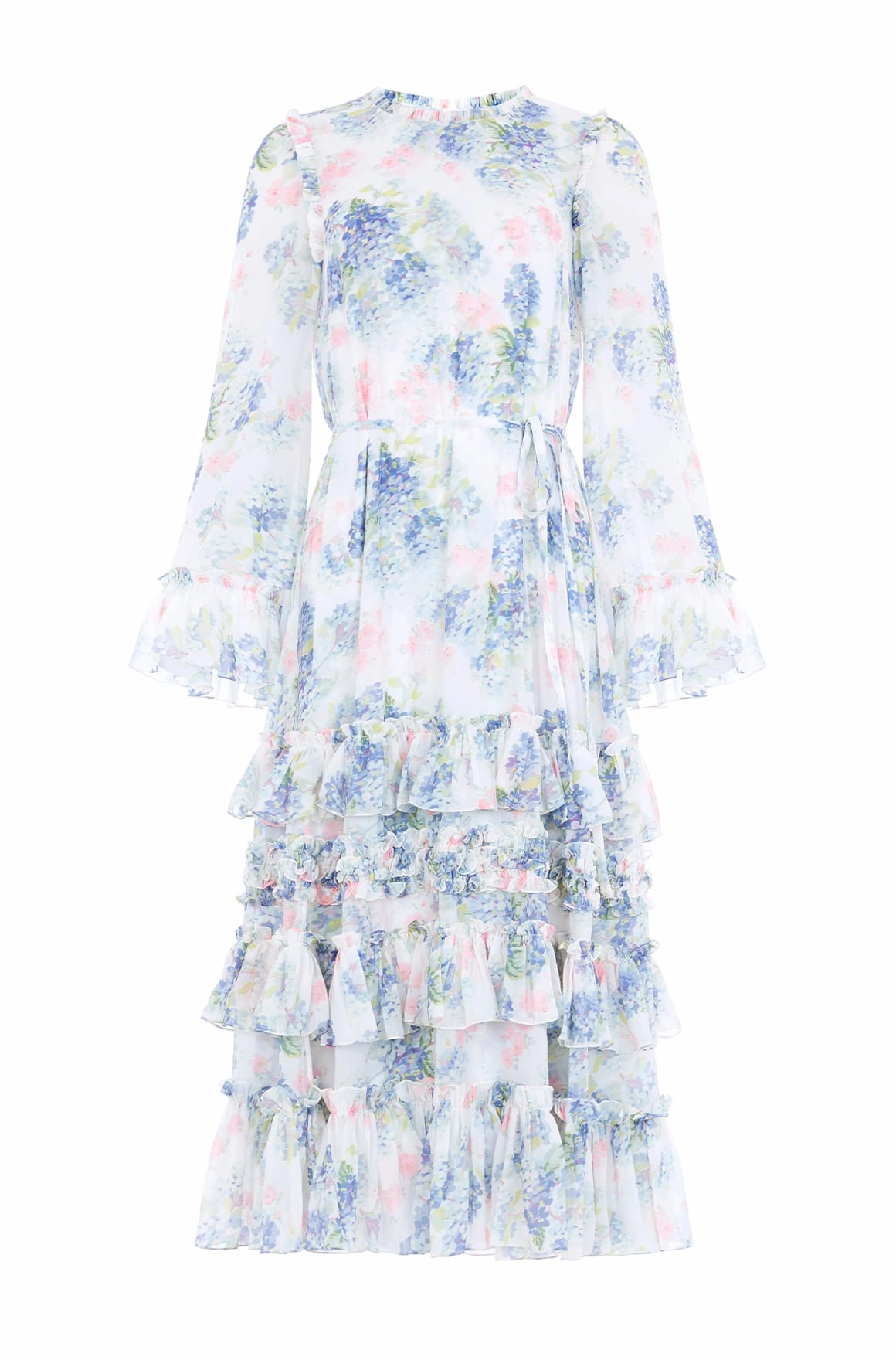 Retro Mood Body Fit Hydrangea Chiffon Round Neck Ankle Gown