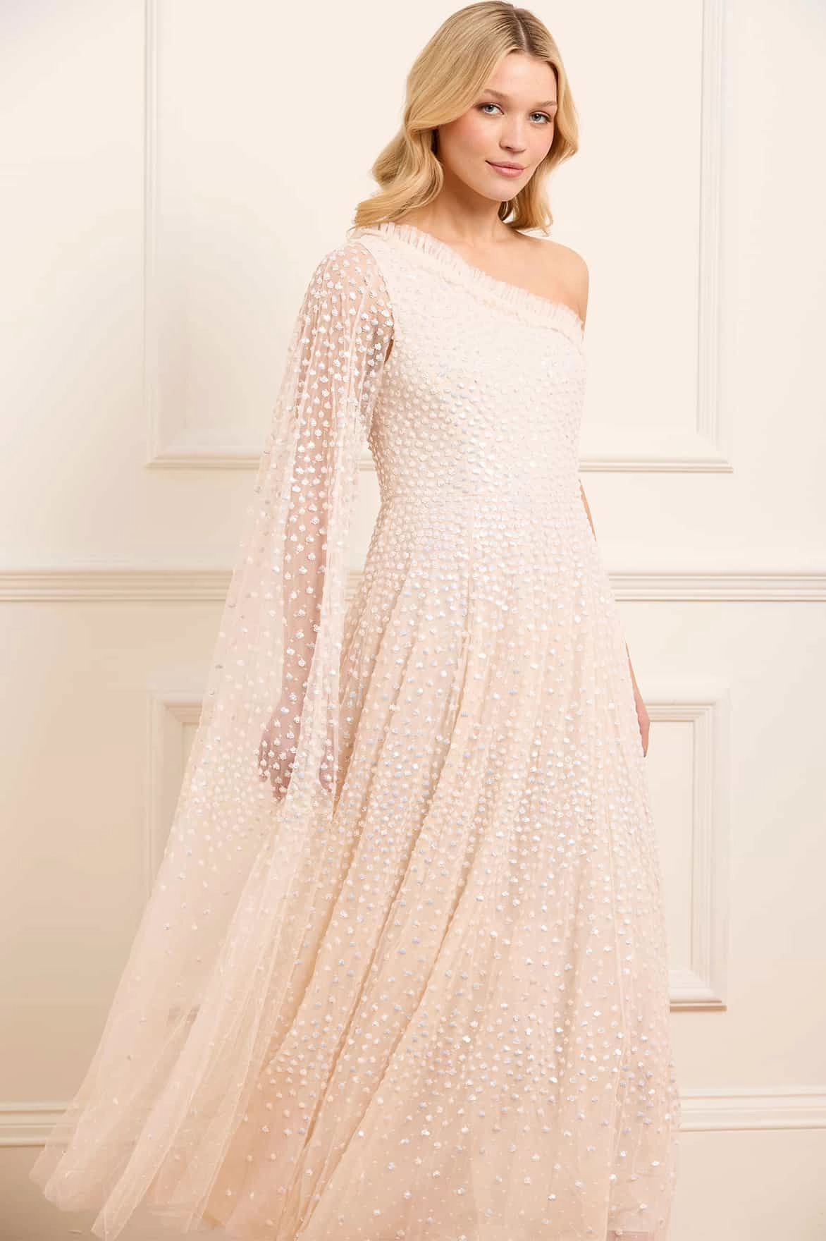 Scatter Dot One-Shoulder Ankle Gown Minimalist Elegance Invisible-Zip