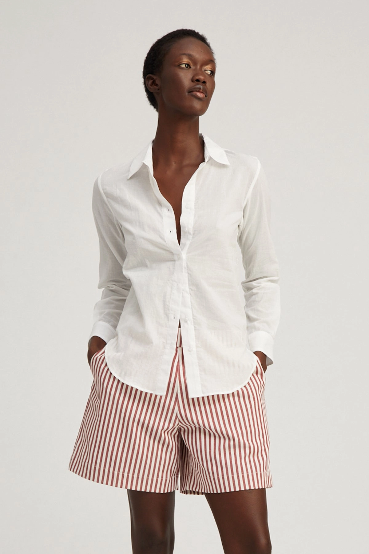 SeamFree Knitting Trendy Look White Voile Fitted Button Down
