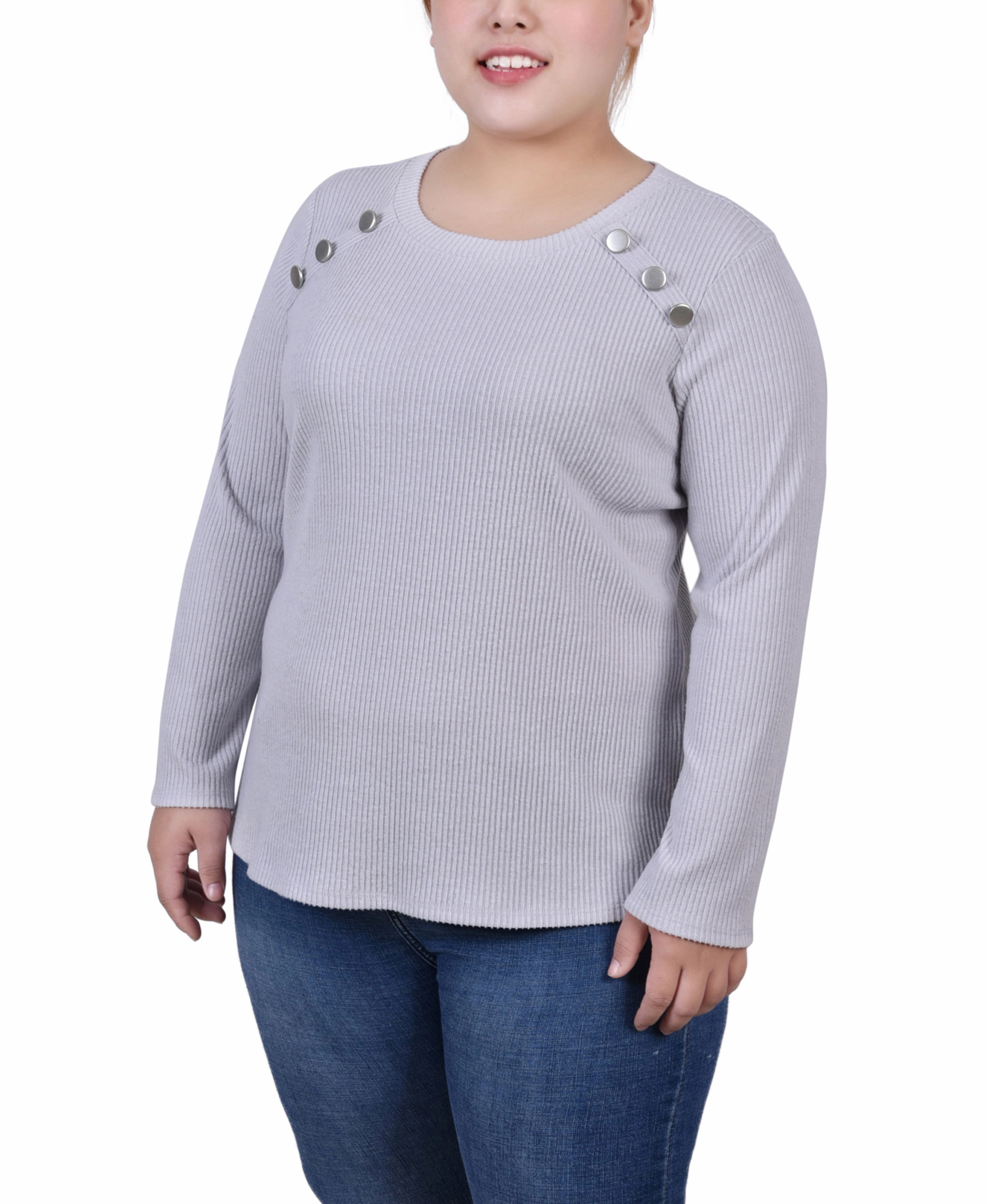 Plus Size Long Sleeve Ribbed Button Detail Top Adjustable Hem