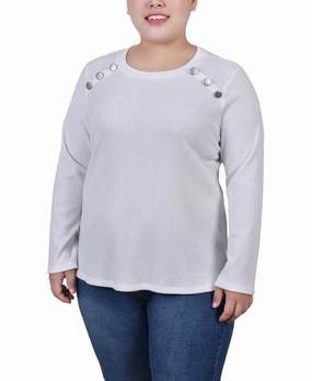 Lightweight insulation Soft touch finish Plus Size Long Sleeve Ribbed Button Detail Top