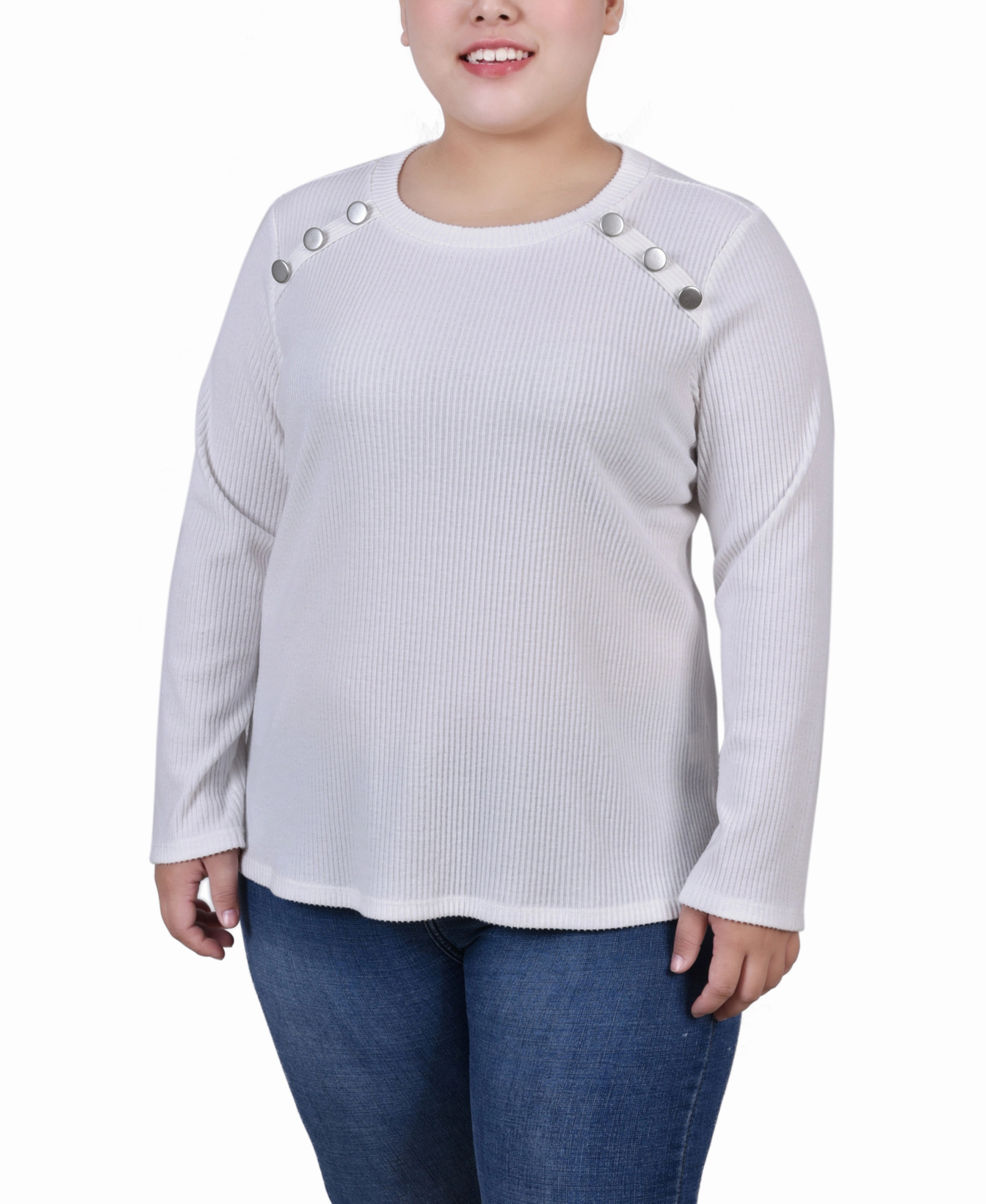 Lightweight insulation Soft touch finish Plus Size Long Sleeve Ribbed Button Detail Top