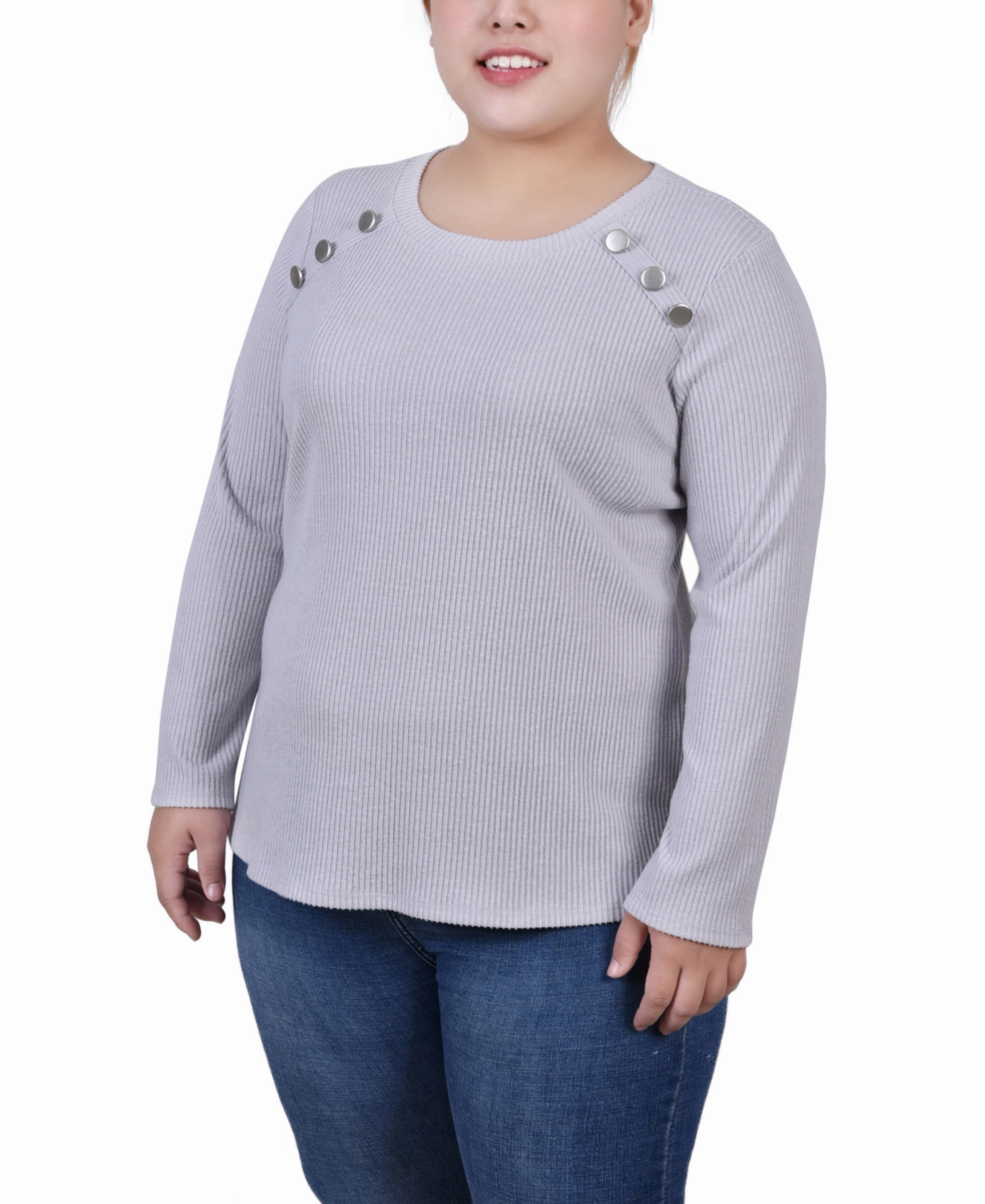 Plus Size Long Sleeve Ribbed Button Detail Top HighStretch Comfy Style