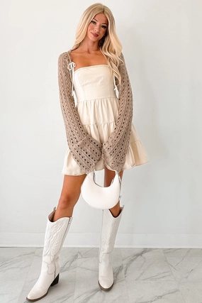 RibbedHemline Quiet Chic Crochet Bolero Shrug (Tan)
