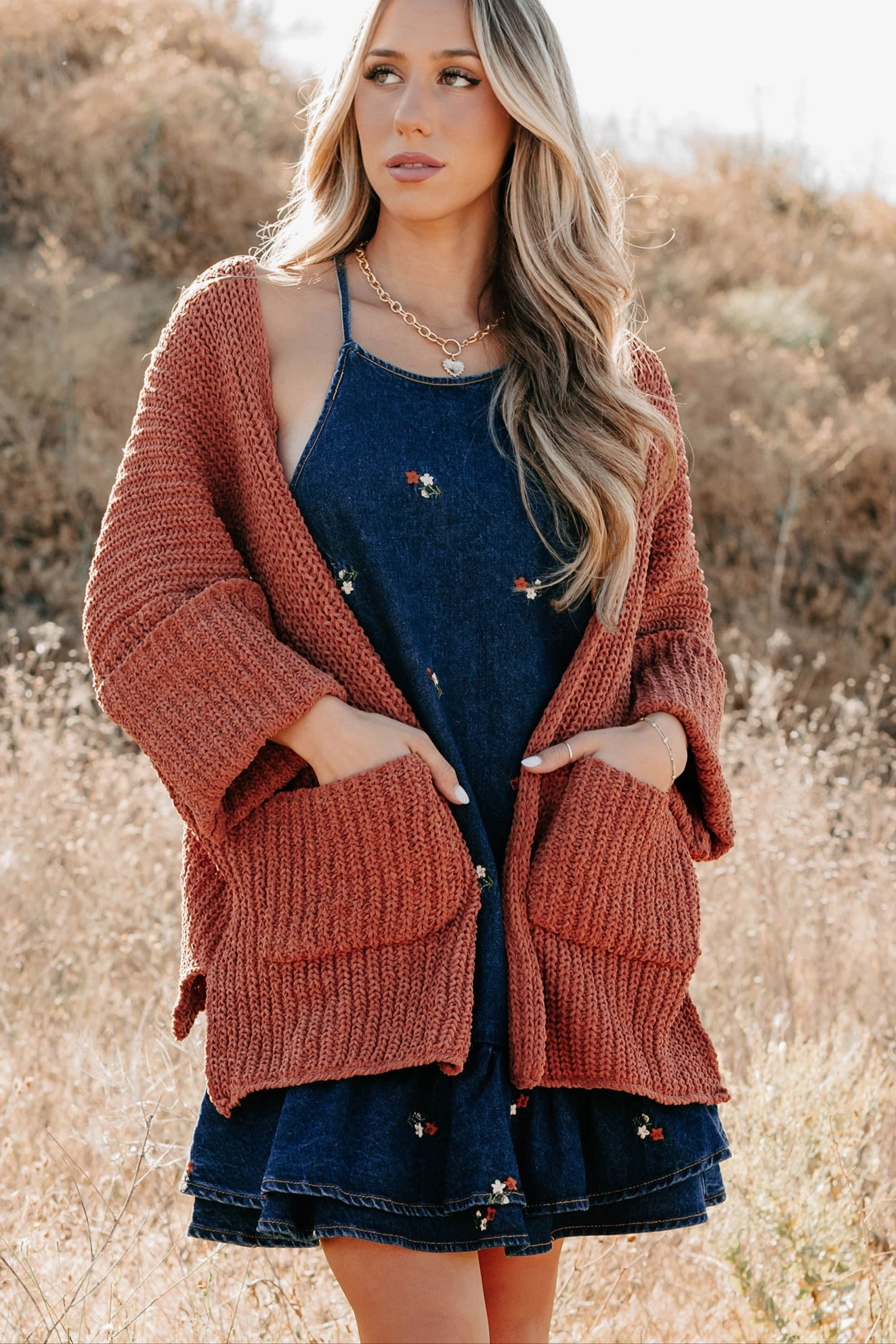 Quiet Times Cuffed Sleeve POL Cardigan (Brick) Basic Tee