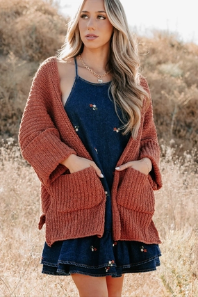 Quiet Times Cuffed Sleeve POL Cardigan (Brick) Basic Tee