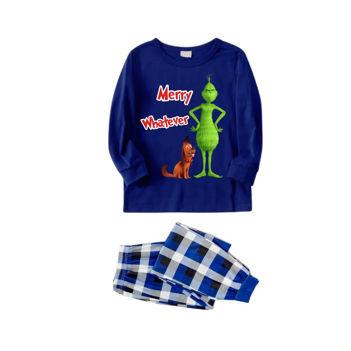 "Merry Whatever" Slogan and Cartoon Pattern Printed Blue and White Plaid Family Matching Pajamas