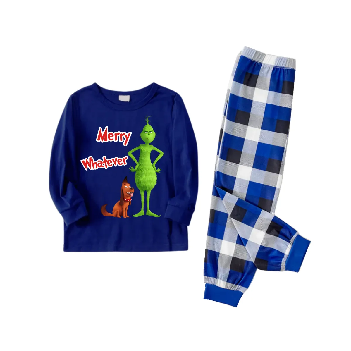 "Merry Whatever" Slogan and Cartoon Pattern Printed Blue and White Plaid Family Matching Pajamas