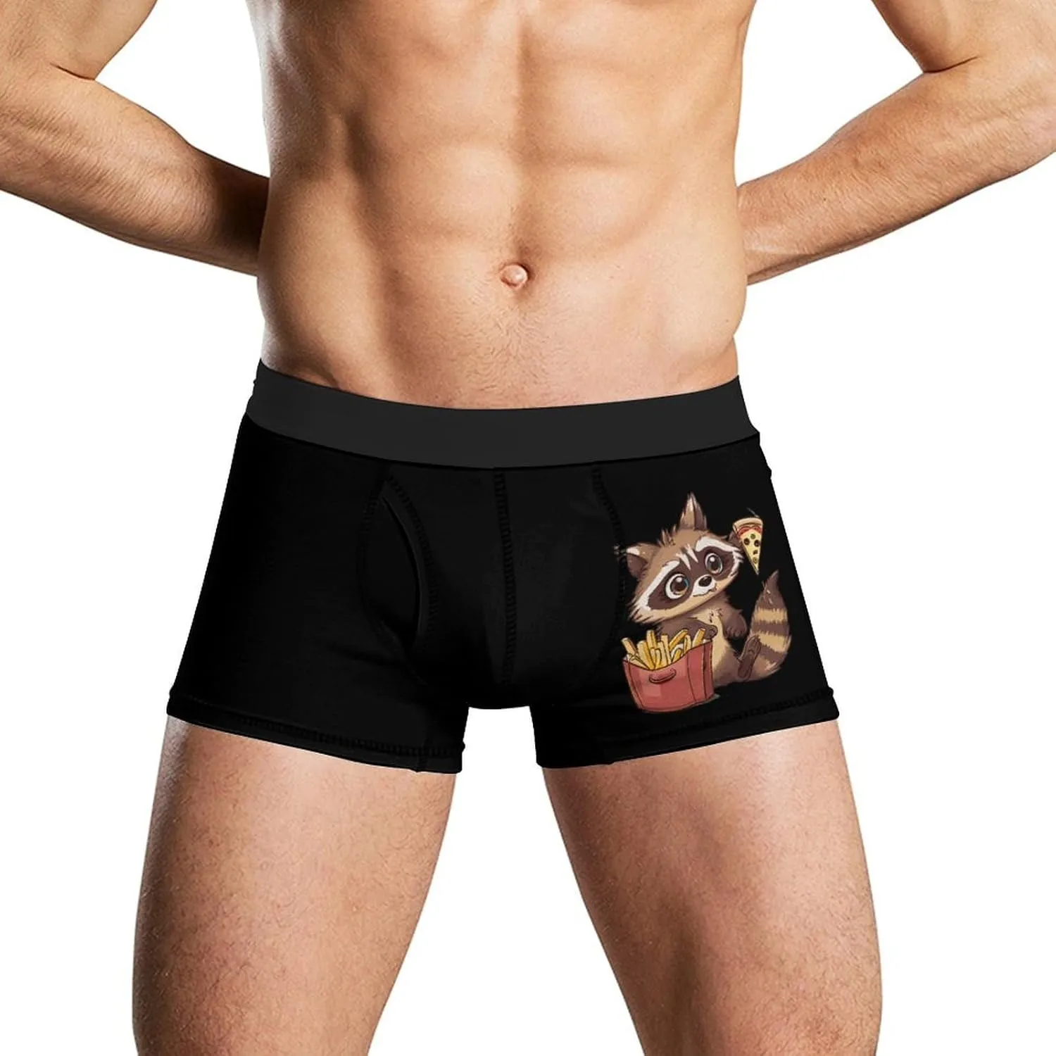 Raccoon Pizza & Fries Printed Men's Underwear Soft Boxer Briefs Breathable Trunks with Waistband