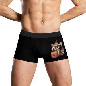Raccoon Pizza & Fries Printed Men's Underwear Soft Boxer Briefs Breathable Trunks with Waistband