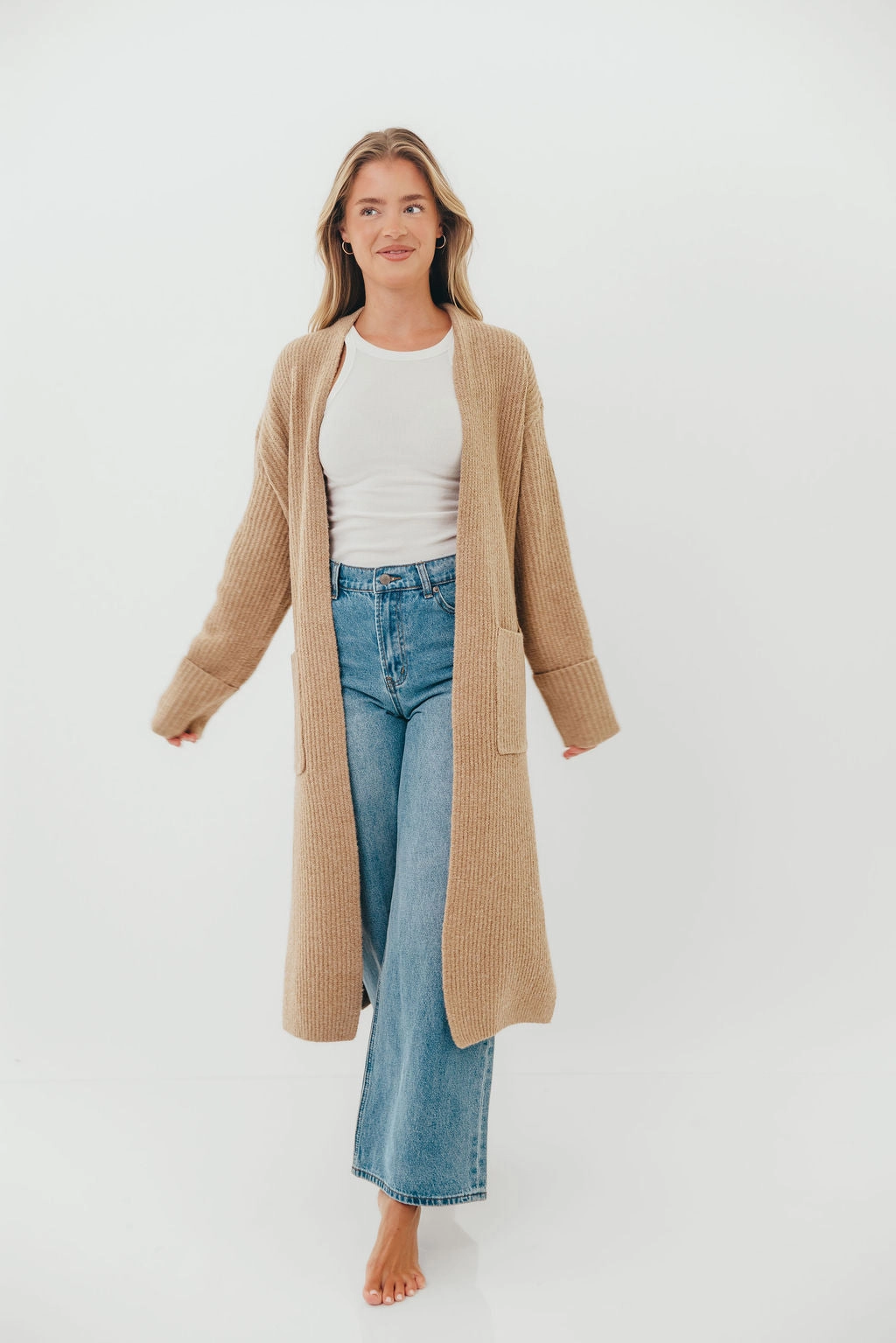 Rachel Longline Sweater Cardigan in Camel (No Restock) Sporty Style Wrinkle Free Weave