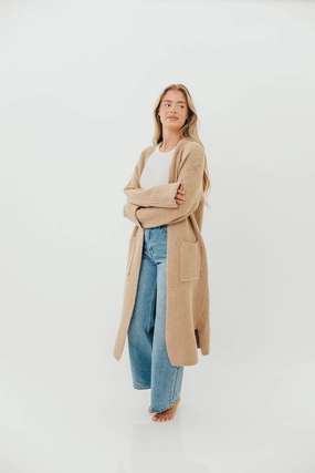 BondedShoulder Tencel Lyocell Fiber Rachel Longline Sweater Cardigan in Camel (No Restock)