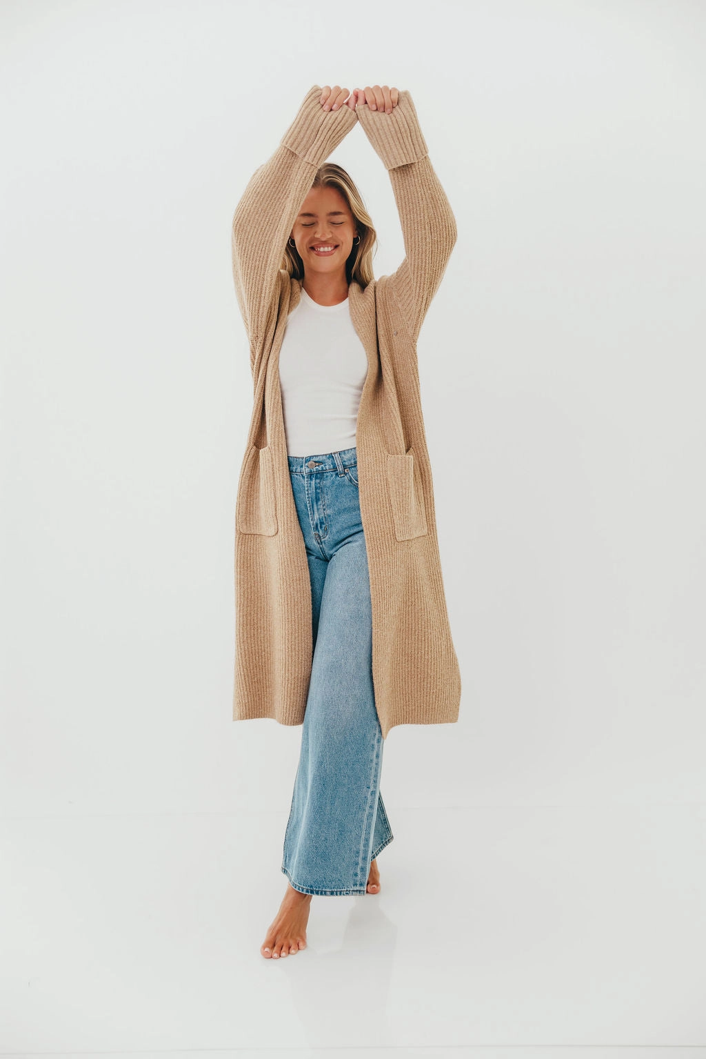 UVProtectionCoating Rachel Longline Sweater Cardigan in Camel (No Restock)