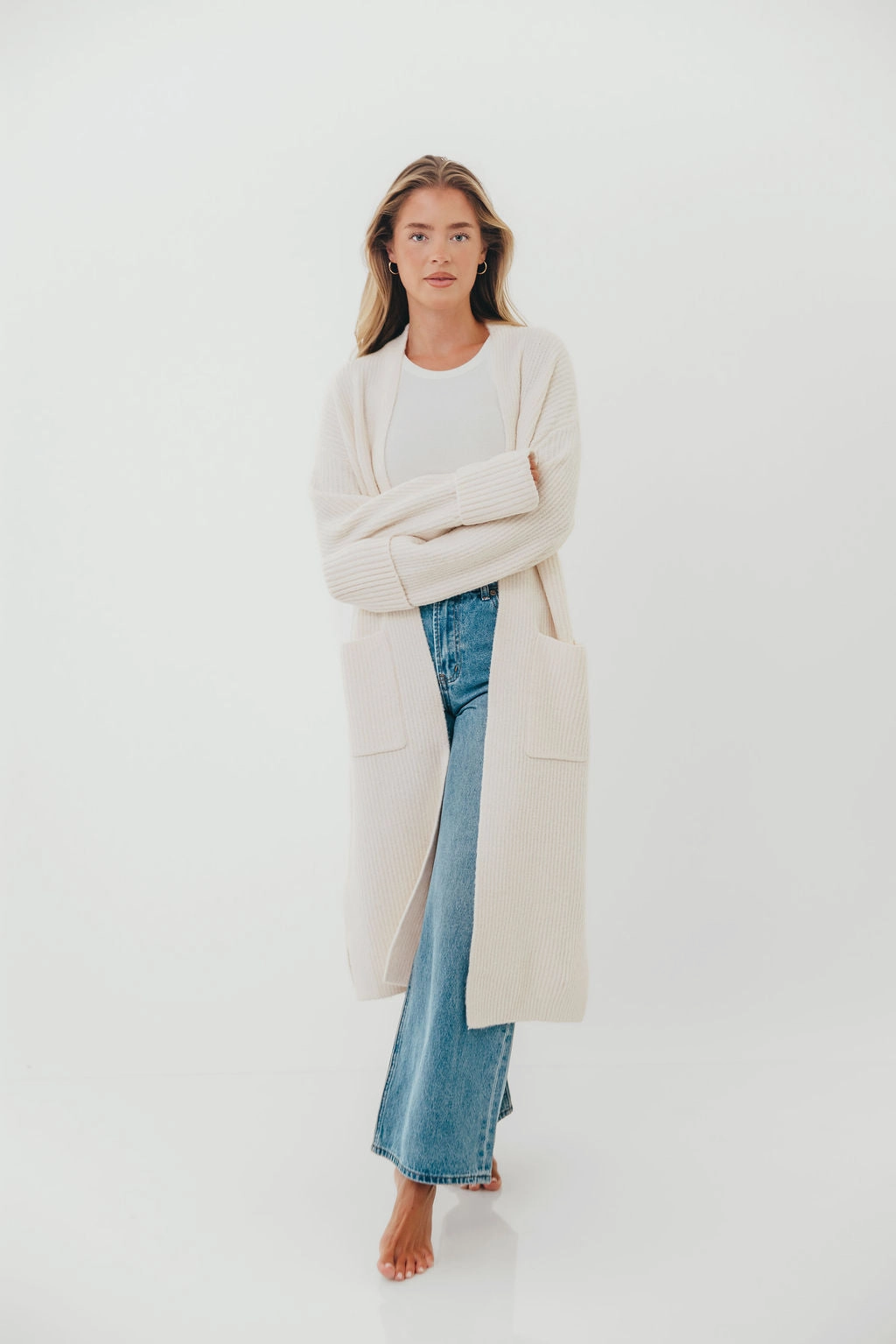 Rachel Longline Sweater Cardigan in Ecru Lightweight Weave Material Bound Seam Edges