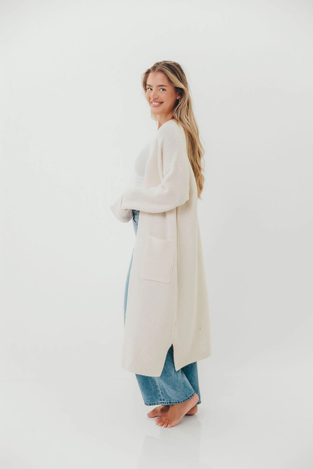 Stretchy Top Rachel Longline Sweater Cardigan in Ecru