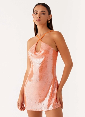 Radiant Energy Cowl Back Mini Dress - Orange Soft Mesh