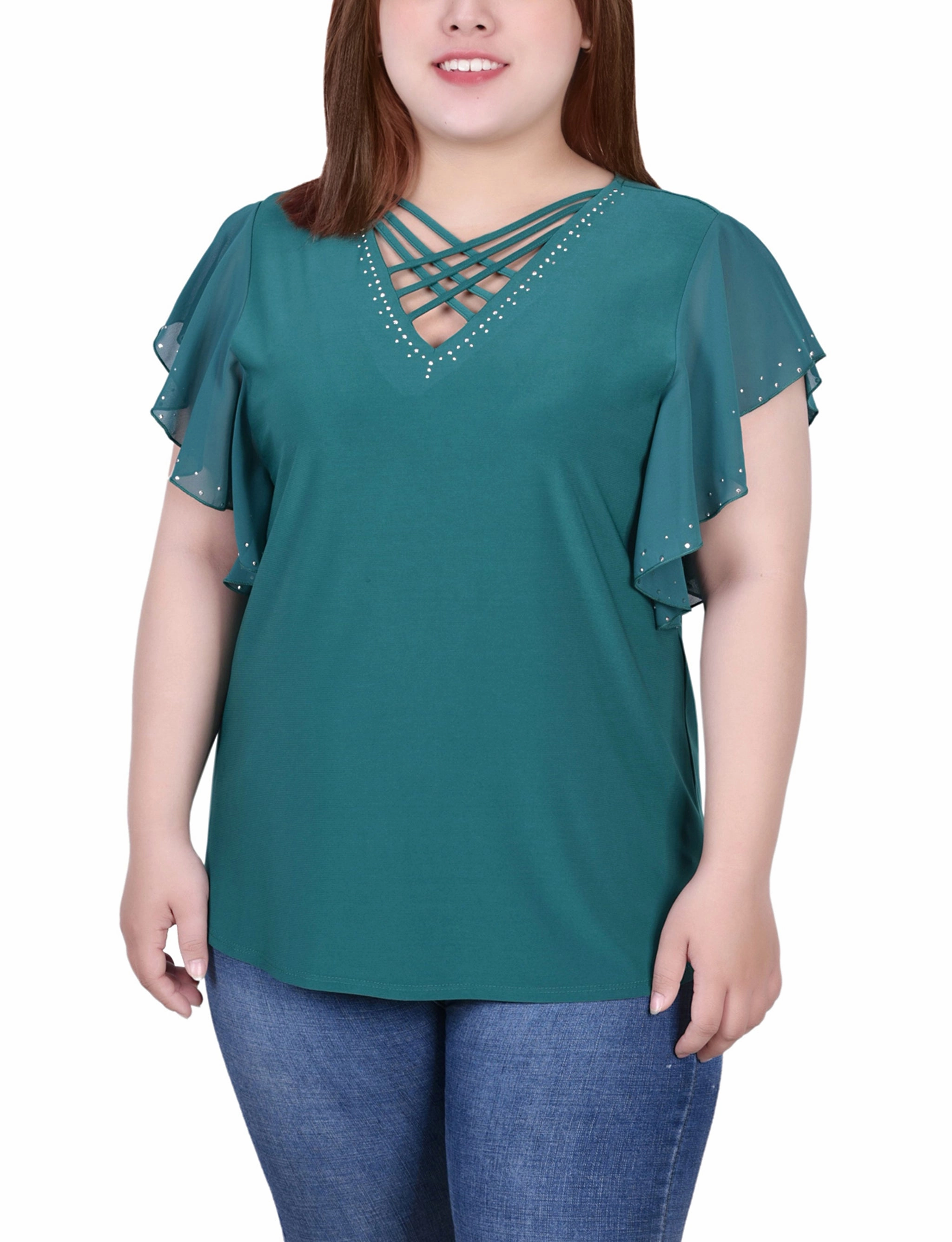 Eco friendly materials Interlock Knit Plus Size Flutter Sleeve Top With Criss Cross Strips