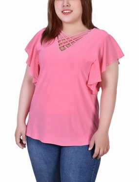 TurtleneckDesign Ethically Sourced Material Plus Size Flutter Sleeve Top With Criss Cross Strips