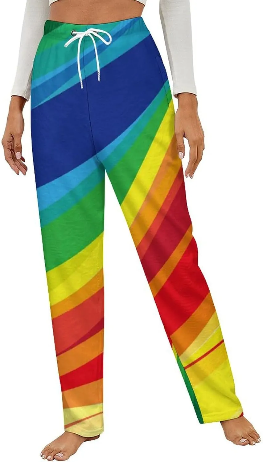 Rainbow Wave Background Women's Flannel Pajama Pants Fleece Lounge Sleep Bottoms PJ