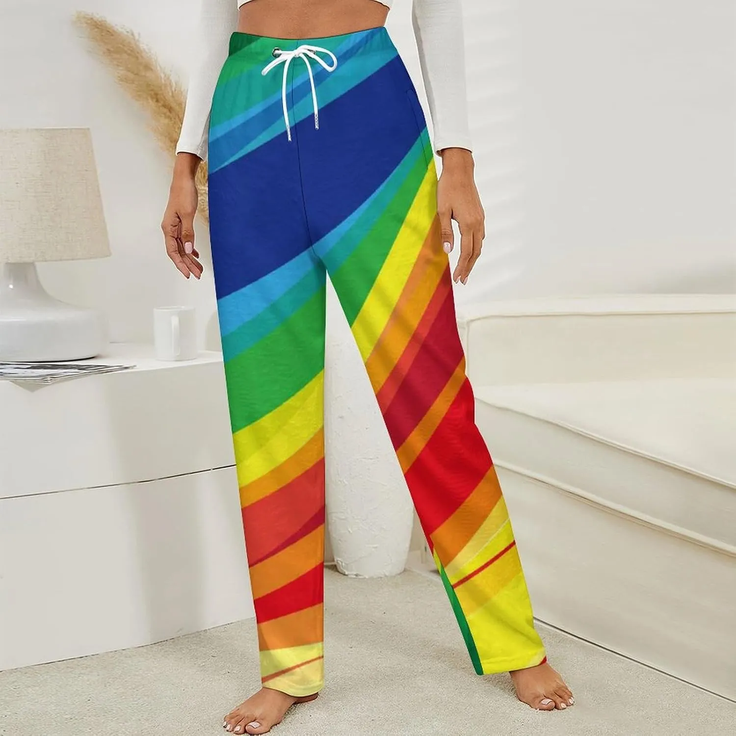 Rainbow Wave Background Women's Flannel Pajama Pants Fleece Lounge Sleep Bottoms PJ