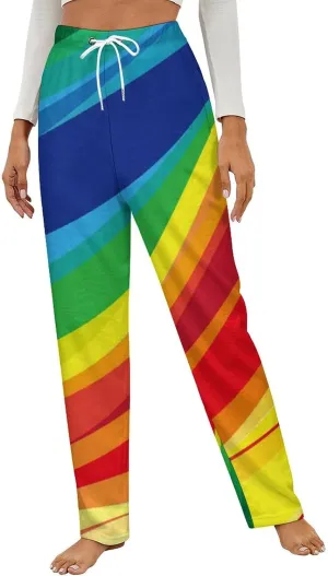 Rainbow Wave Background Women's Flannel Pajama Pants Fleece Lounge Sleep Bottoms PJ
